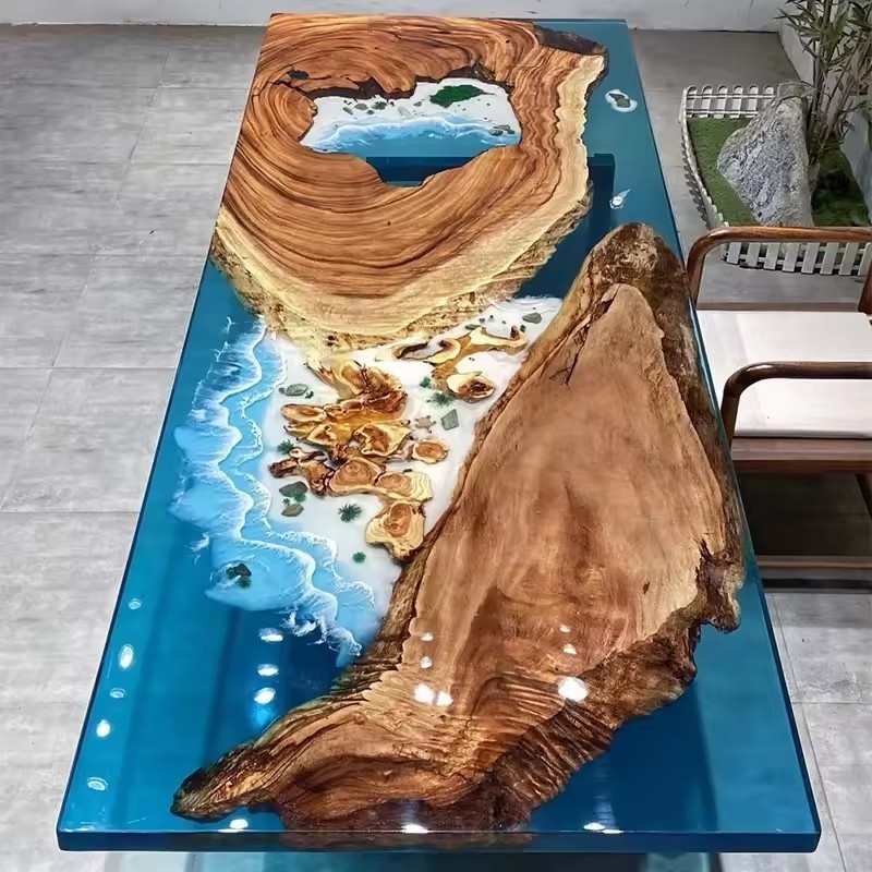 Hot Rectangular Blue ocean Factory Direct Solid Walnut Wood Cafe Coffee Kitchen Restaurant Epoxy Resin Dining Clear River Table