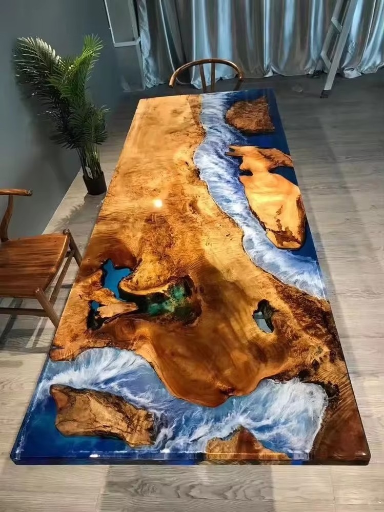 Blue ocean Factory Direct Solid Walnut Wood Kitchen Cafe Coffee Restaurant Epoxy Resin Dining Clear River Table