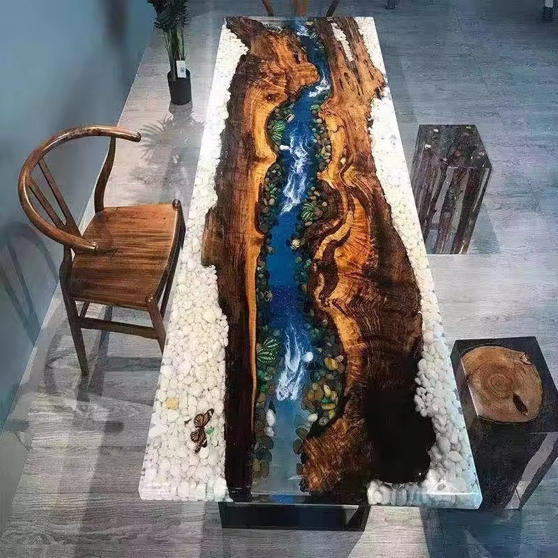 Hot Rectangular Blue ocean Factory Direct Solid Walnut Wood Cafe Coffee Kitchen Restaurant Epoxy Resin Dining Clear River Table