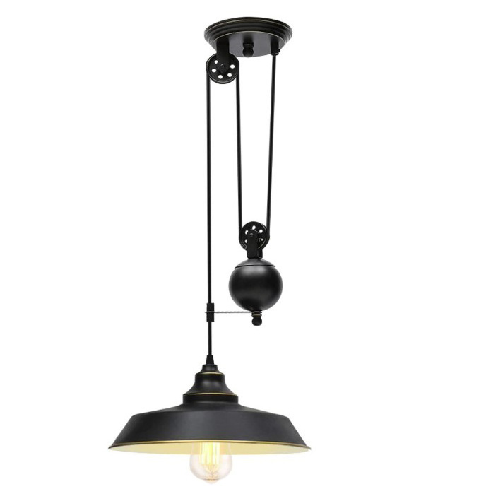 Rustic Pulley Pendant Light One Light Adjustable Height Industrial Black Ceiling Hanging Light Indoor Island Lamp for Dining