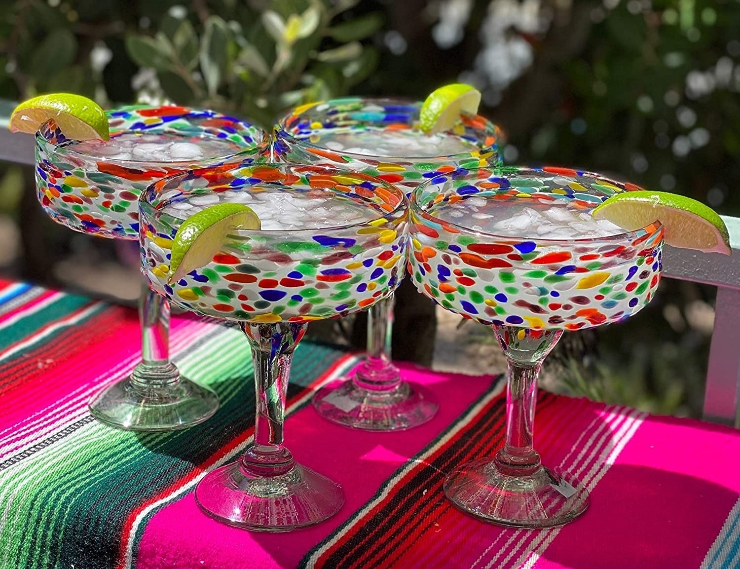 Mexican Hand Blown Recycled Shattered Colored Stemmed Durable Margarita Martini Cocktail Glasses