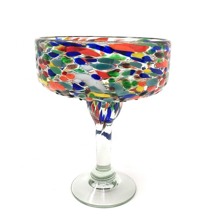 Mexican Hand Blown Recycled Shattered Colored Stemmed Durable Margarita Martini Cocktail Glasses