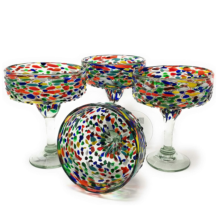 Mexican Hand Blown Recycled Shattered Colored Stemmed Durable Margarita Martini Cocktail Glasses