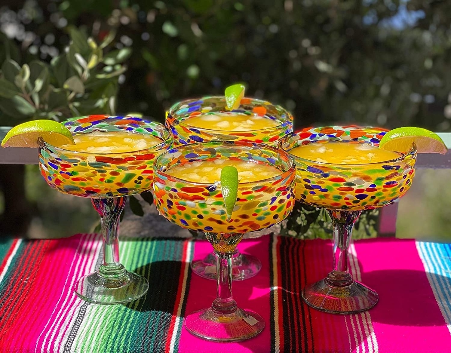 Mexican Hand Blown Recycled Shattered Colored Stemmed Durable Margarita Martini Cocktail Glasses