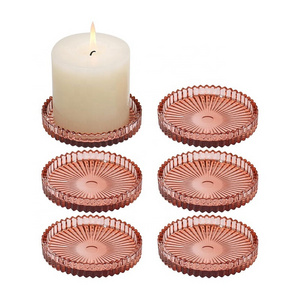 2024 Ribbed Colored Short Glass Pillar Candle Holder 3.8 Inch Candle Holders for Pillar Candles