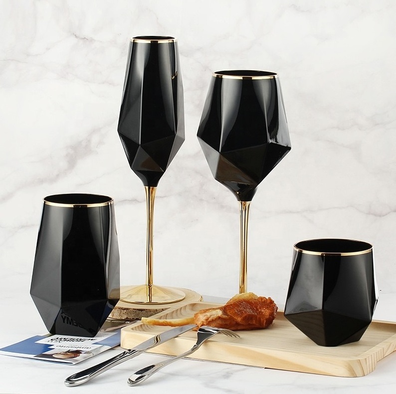 Solid Black Color Wine Glasses With Gold Rim Glass Wine Set of 4 Champagne Glass Tumbler Glass