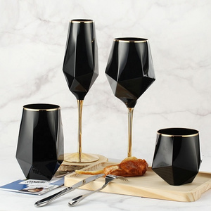 Solid Black Color Wine Glasses With Gold Rim Glass Wine Set of 4 Champagne Glass Tumbler Glass