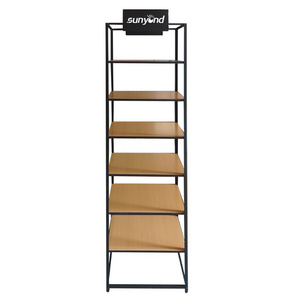 Modern metal backpack display rack with wooden shelves layers miniso shop display shelving