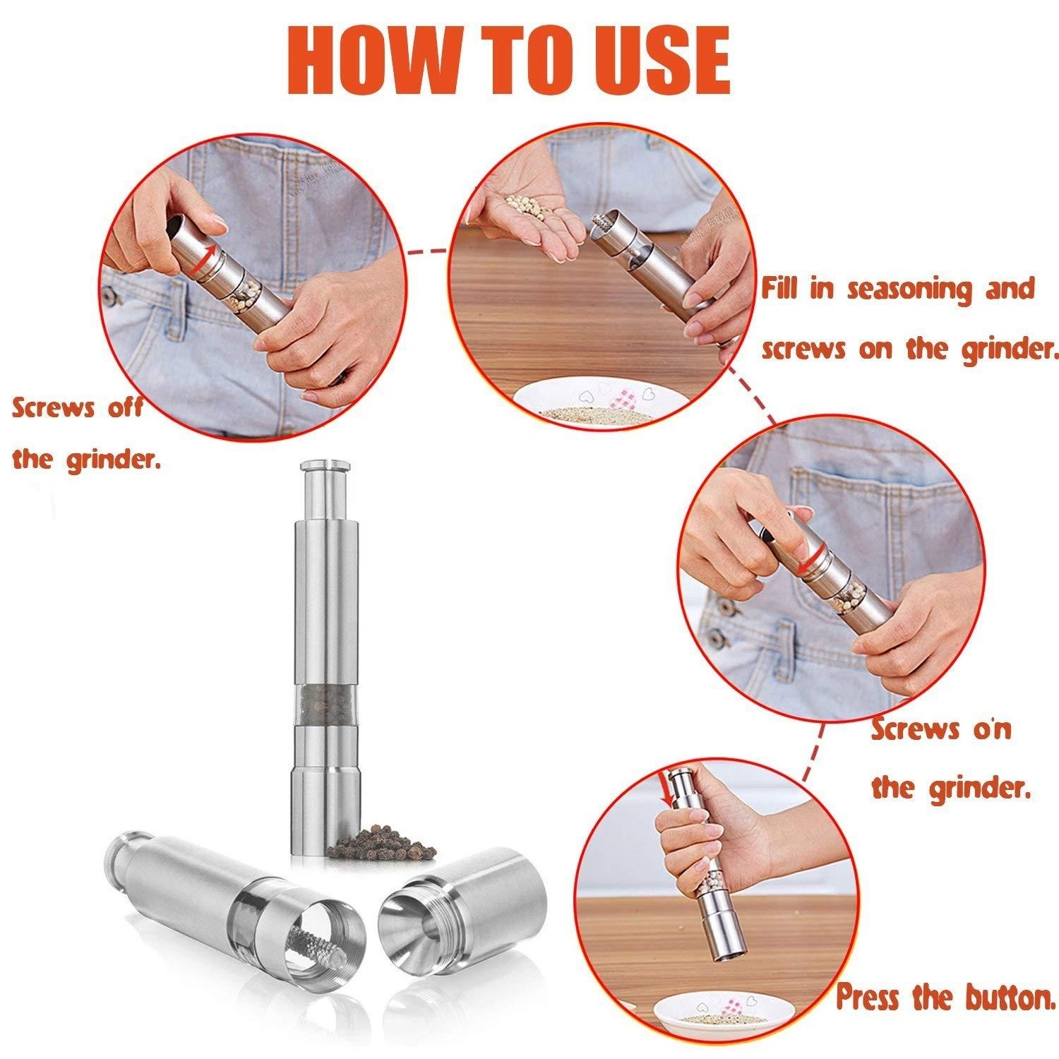 Stainless Steel Thumb Push Kitchen Spice Mill Manual One Hand Operation Salt and Pepper Grinder