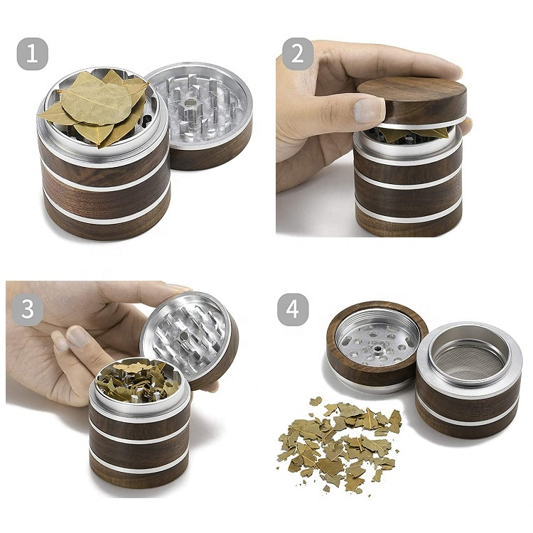 China Factory 4 Piece 63mm Herb Grinder Aluminum Large 2.5 Inch Walnut OEM Spice Grinder Wholesale