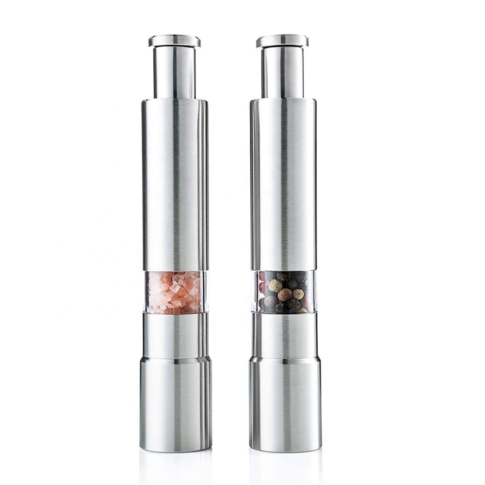 Stainless Steel Thumb Push Kitchen Spice Mill Manual One Hand Operation Salt and Pepper Grinder