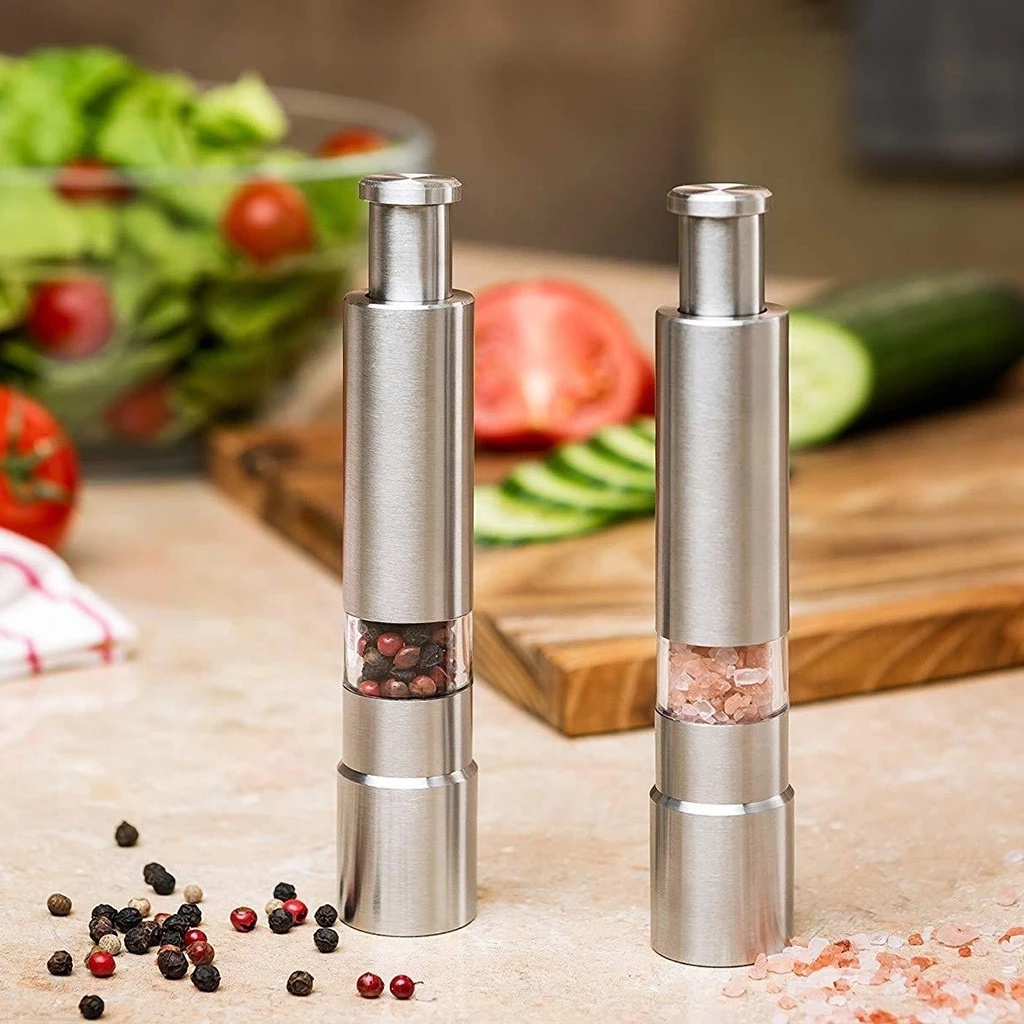 Stainless Steel Thumb Push Kitchen Spice Mill Manual One Hand Operation Salt and Pepper Grinder