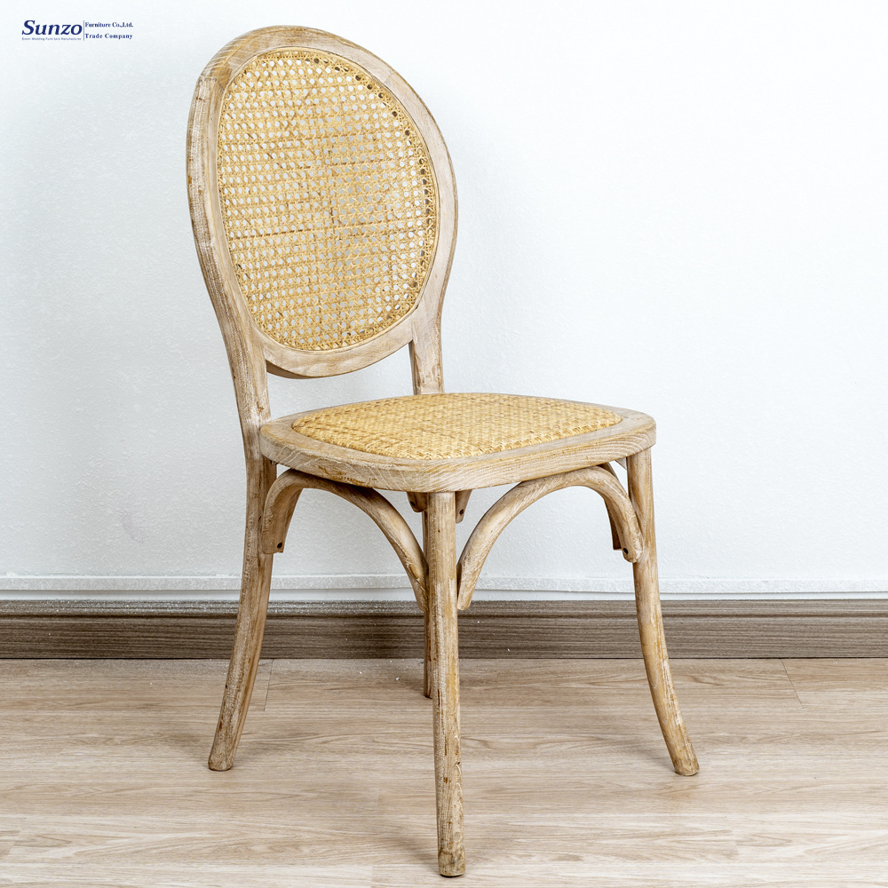 Sunzo Wholesale Wooden Rattan Back Cross Back Banquet Dining Chair Wooden Stackable Dining Chairs