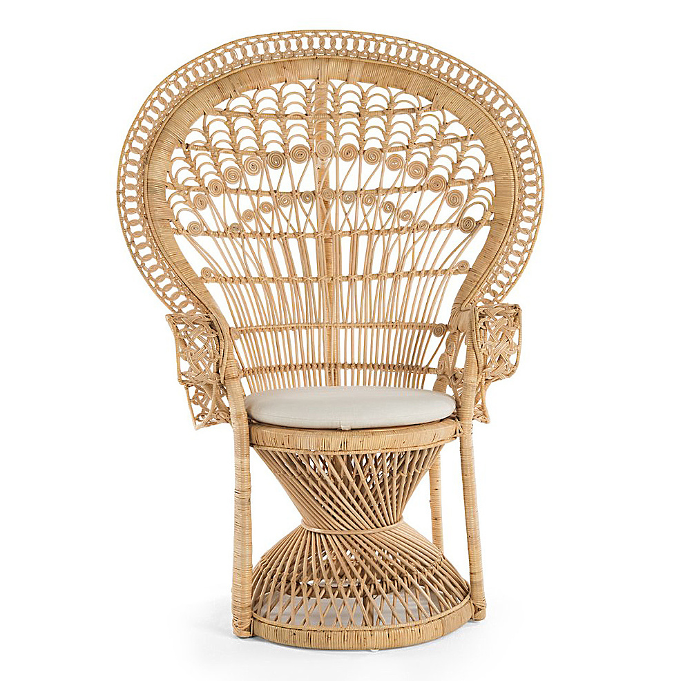 Grand Peacock Chair in Rattan with Seat Cushion Natural Colour A rattan dining room chair used in wedding hotel party setting