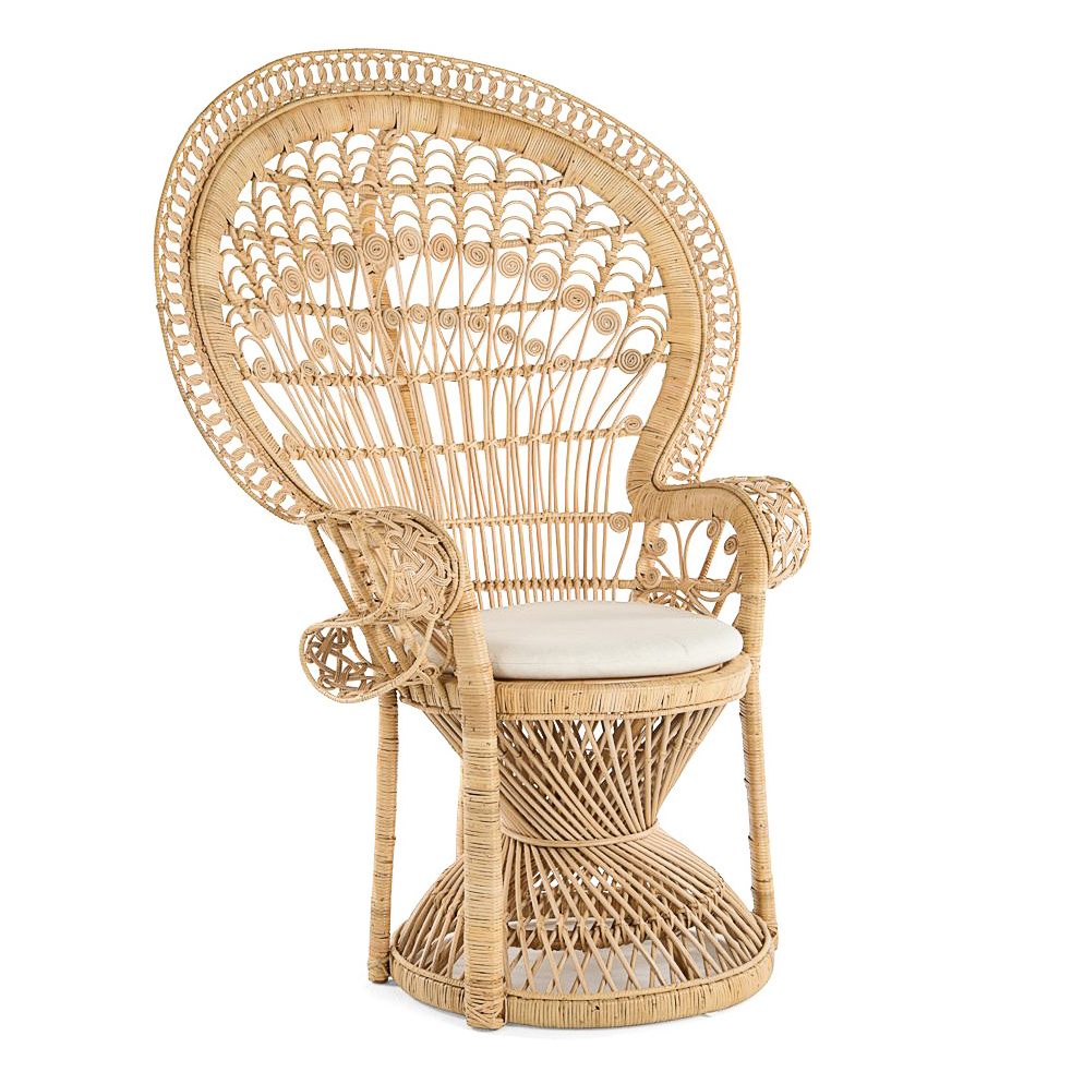 Grand Peacock Chair in Rattan with Seat Cushion Natural Colour A rattan dining room chair used in wedding hotel party setting