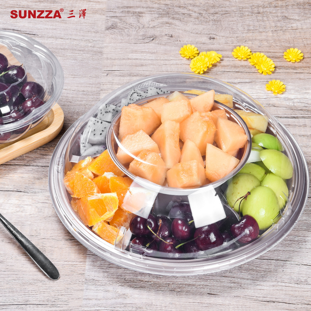 Sunzza Wholesale 6 Compartment pet double layer clear food grade disposable plastic fruit salad container with anti fog arch lid