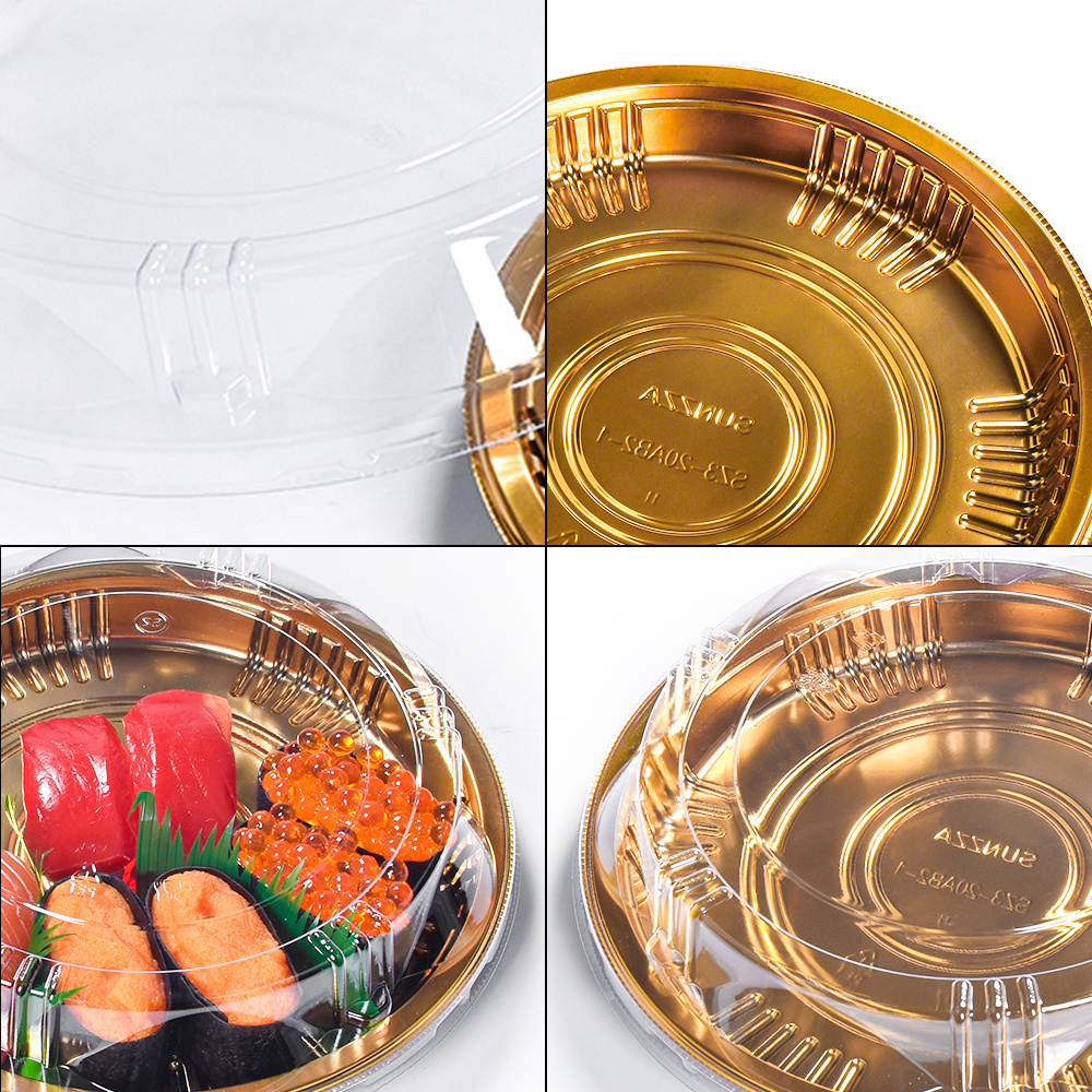 Sunzza custom plastic blister anti fog lid shallow circle gold take out to go disposable sushi plates dishes set for restaurant