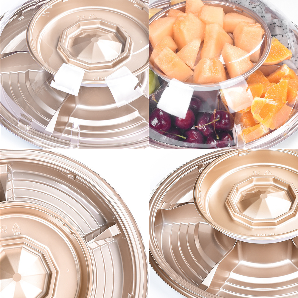 Sunzza Wholesale 6 Compartment pet double layer clear food grade disposable plastic fruit salad container with anti fog arch lid