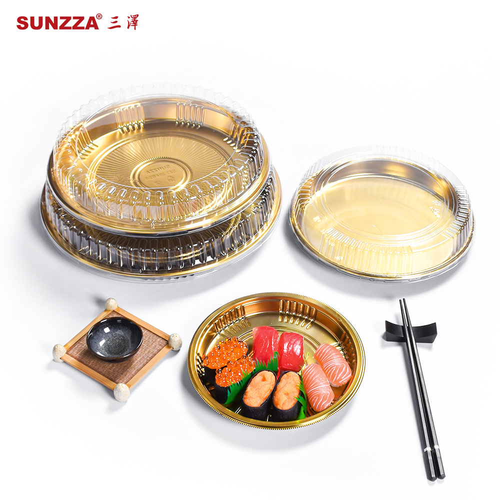 Sunzza custom plastic blister anti fog lid shallow circle gold take out to go disposable sushi plates dishes set for restaurant