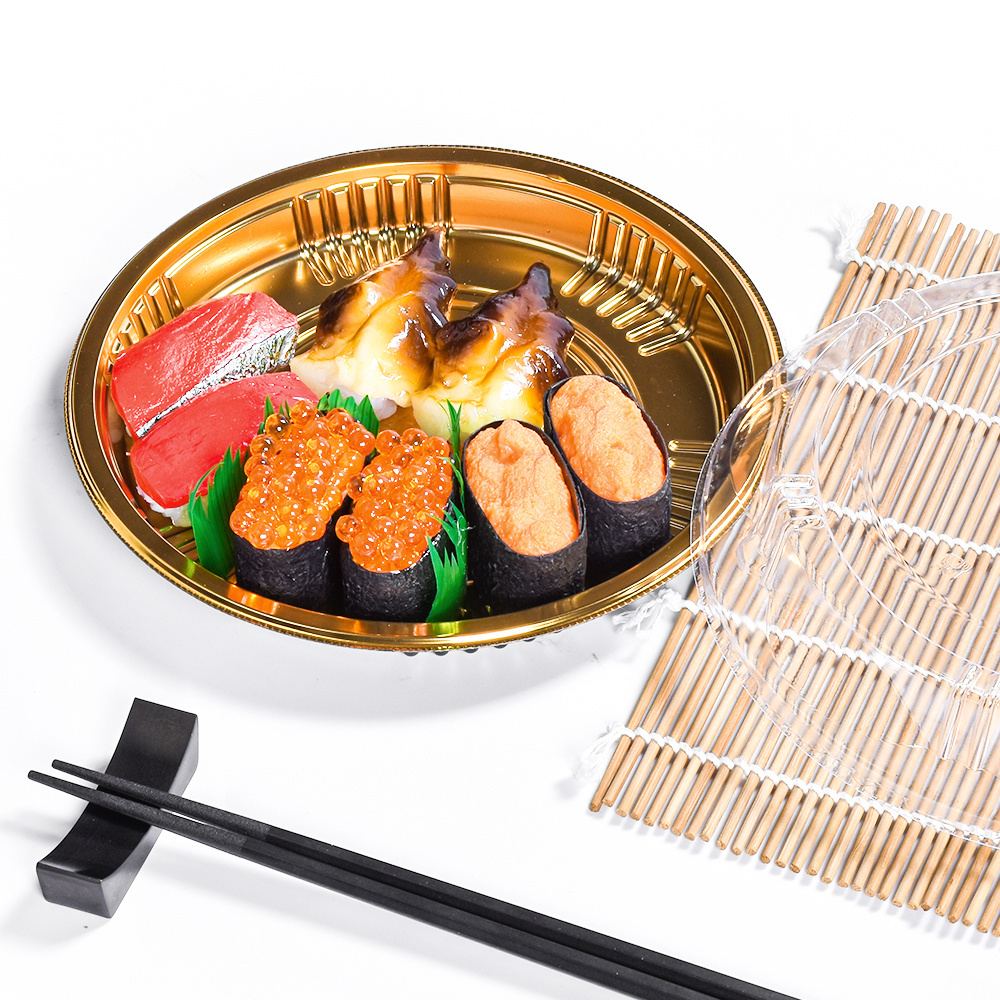 Sunzza custom plastic blister anti fog lid shallow circle gold take out to go disposable sushi plates dishes set for restaurant