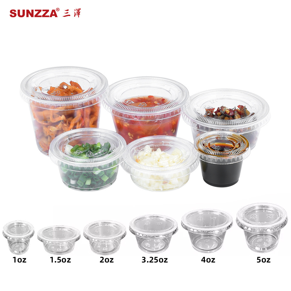 Sunzza package hot sale food grade take out packaging split 2 Oz 4Oz Disposable Mini Pla Sauce Soy Cup  Dipping Bowl Container