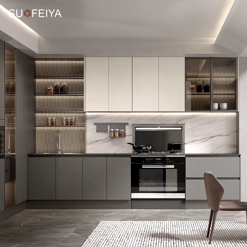 SUOFEIYA Modern Luxury  2 Pac Paint White Lacquer Matt Kitchen Cabinet Cupboard Joinery with Spice Basket