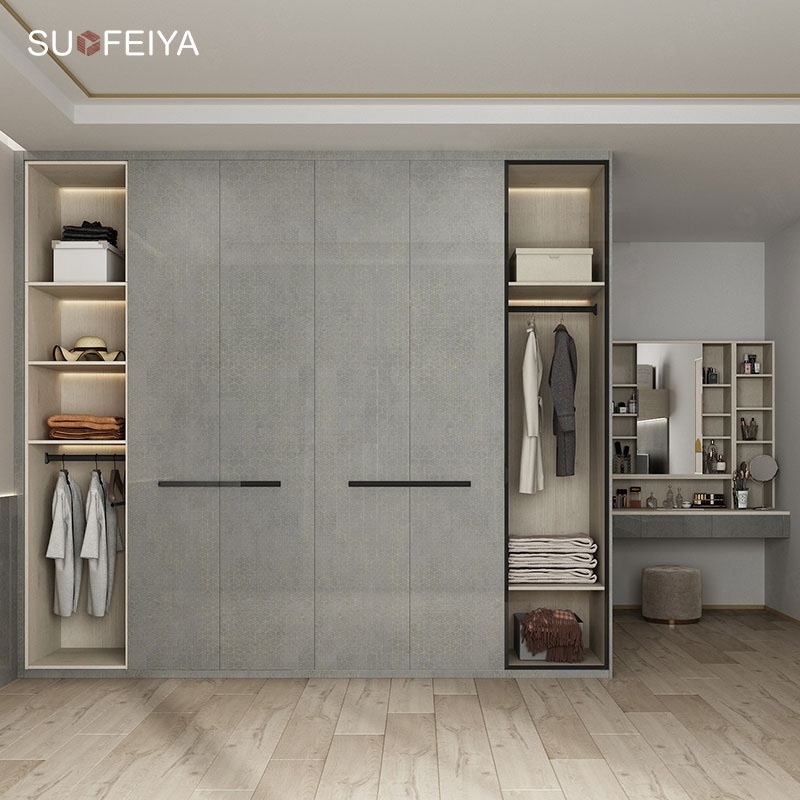 Suofeiya Fashion Style Bedroom Furnitures Modern Grey High Gloss Wardrobe With TV Cabinet