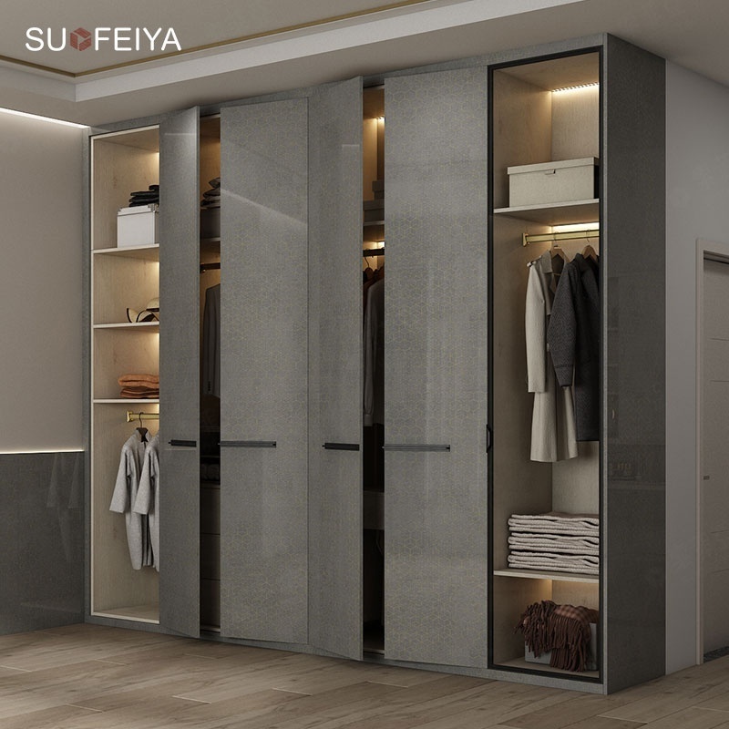 Suofeiya Fashion Style Bedroom Furnitures Modern Grey High Gloss Wardrobe With TV Cabinet