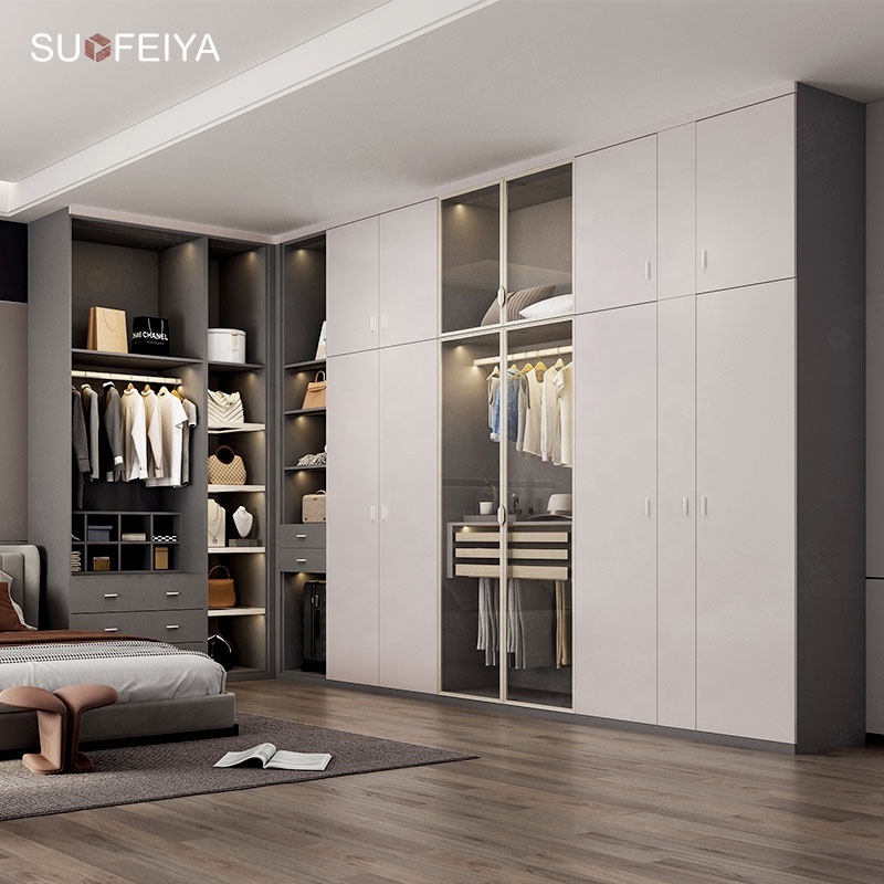 SUOFEIYA Customized Modern Bedroom Storage Organizer Clothes Walk in Closet Cabinet Dressing Room Wardrobe with Mirror