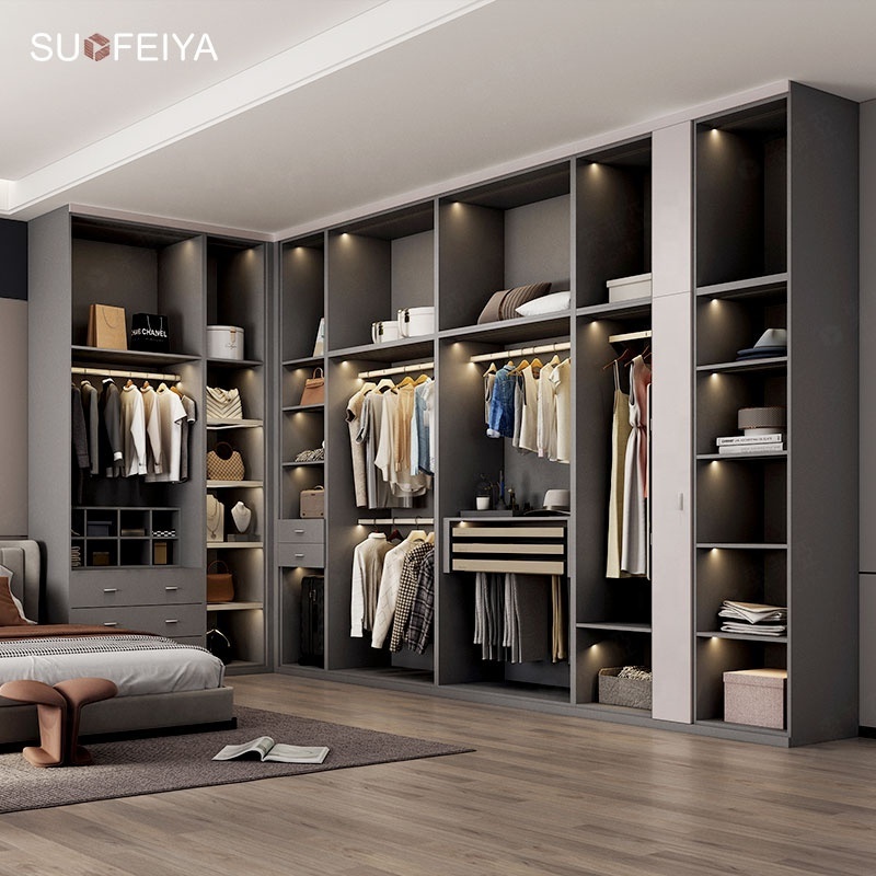 SUOFEIYA Customized Modern Bedroom Storage Organizer Clothes Walk in Closet Cabinet Dressing Room Wardrobe with Mirror