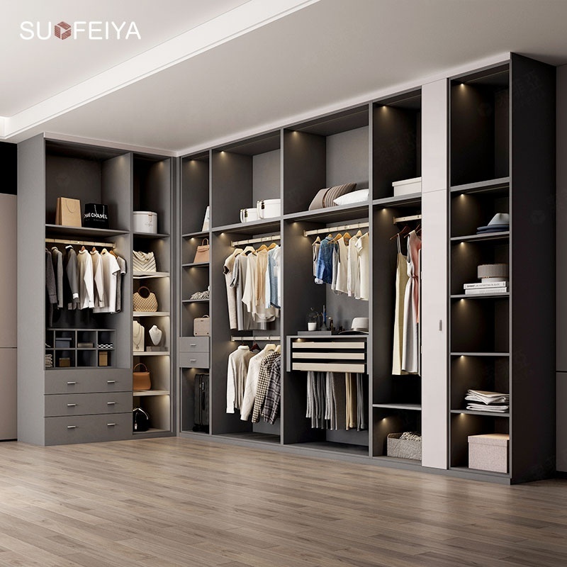 SUOFEIYA Customized Modern Bedroom Storage Organizer Clothes Walk in Closet Cabinet Dressing Room Wardrobe with Mirror