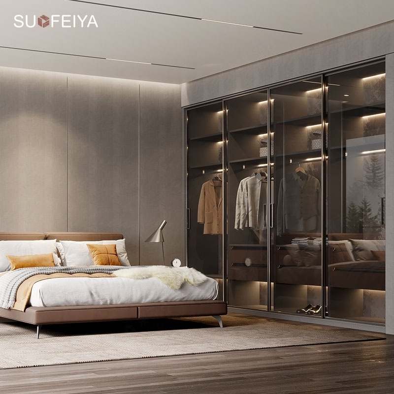 Suofeiya modern bedroom furnitures set wooden wardrobe cabinet designs pictures sliding door wardrobe