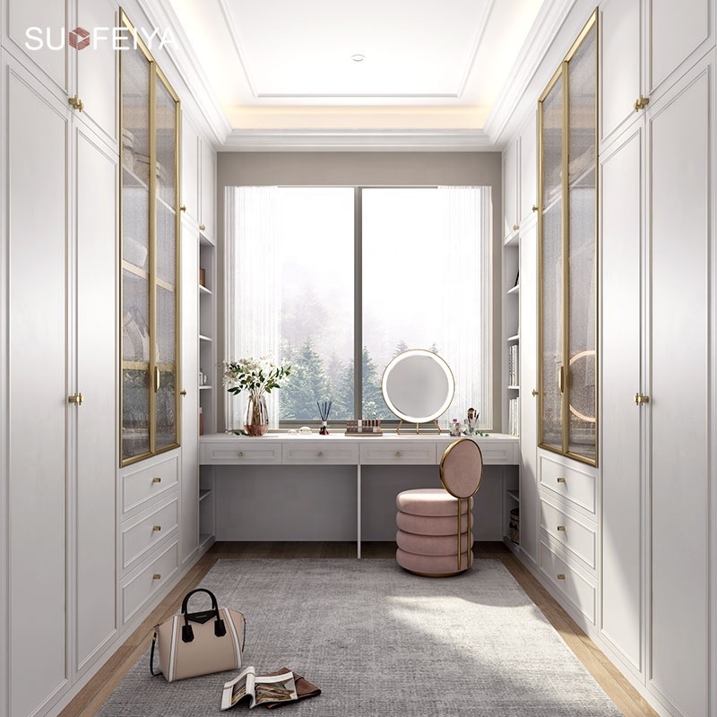 Custom modern home hotel woman clothes walkin wardrobe closets design metal frame wood walk in closet