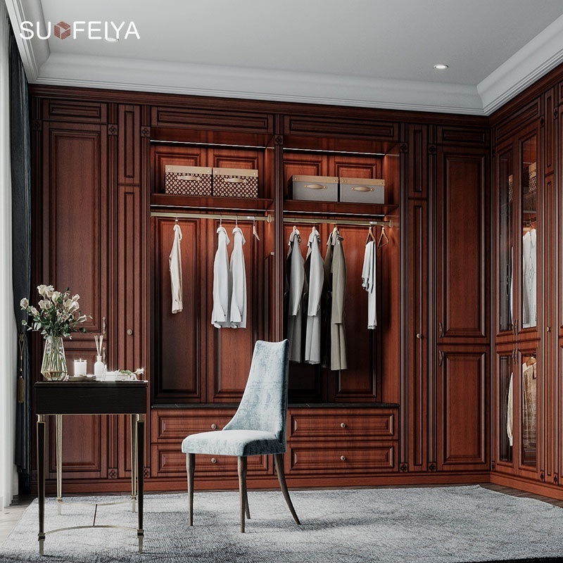 SUOFEIYA Wholesale Modern Designs Armoire Solid Wood Teak Wood Walk in Wardrobe Closet With Make-up Table