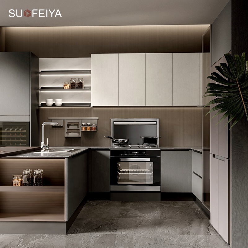 SUOFEIYA Modern Luxury  2 Pac Paint White Lacquer Matt Kitchen Cabinet Cupboard Joinery with Spice Basket