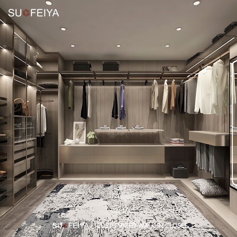 SUOFEIYA Customized Minimalist PET U Shaped Walk in Closet Organizers Dressing Room Wardrobe System