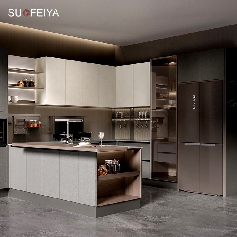 SUOFEIYA Modern Luxury  2 Pac Paint White Lacquer Matt Kitchen Cabinet Cupboard Joinery with Spice Basket