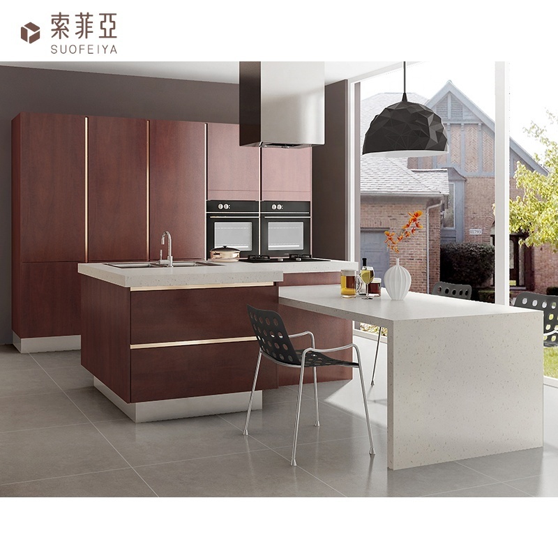 Suofeiya Manufacturer Modular Red Gloss Wood Veneer Pantry Cupboard kitchen Cabinets