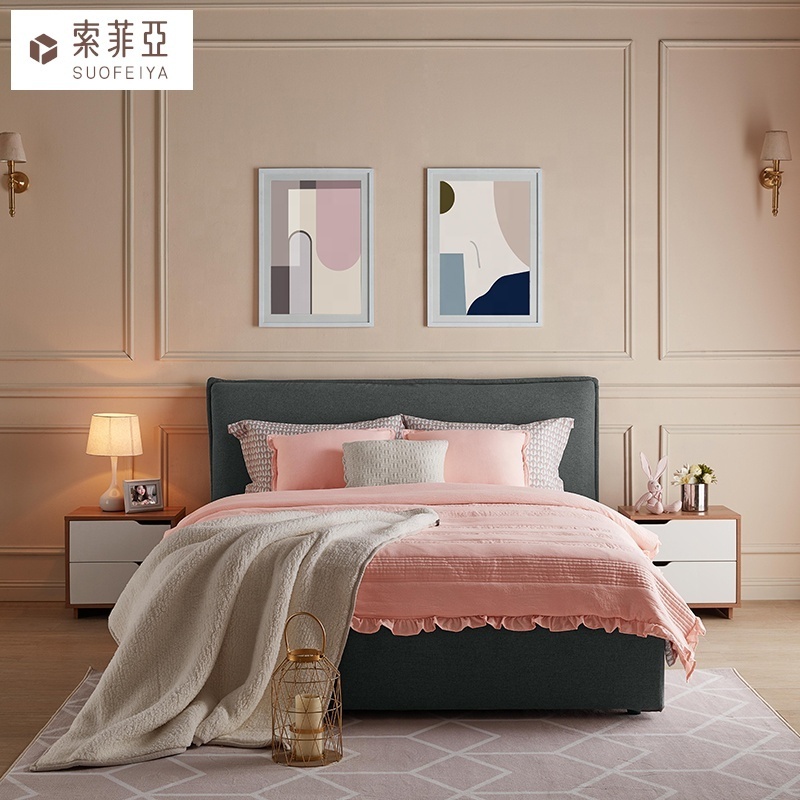 Suofeiya Furniture Girl Pink Round Bed Designs Nordic Ins Style Fabric New Bedroom Furniture Cloth Antique Rice White/ Dark Gray