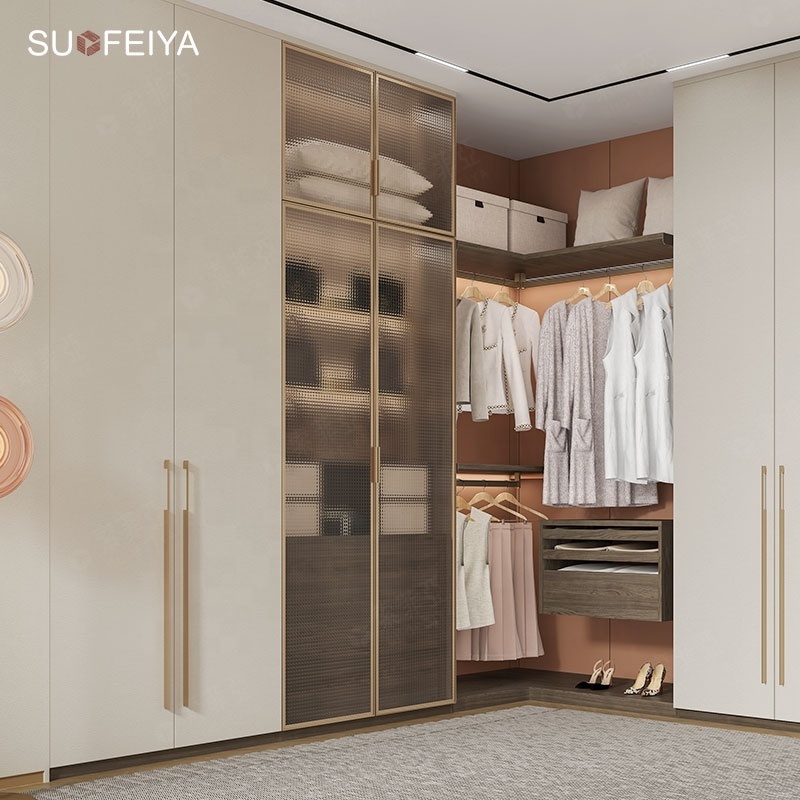 SUOFEIYA White L Shape Open Wooden Walk in Closet Bedroom Wardrobe Cabinet System to Assemble