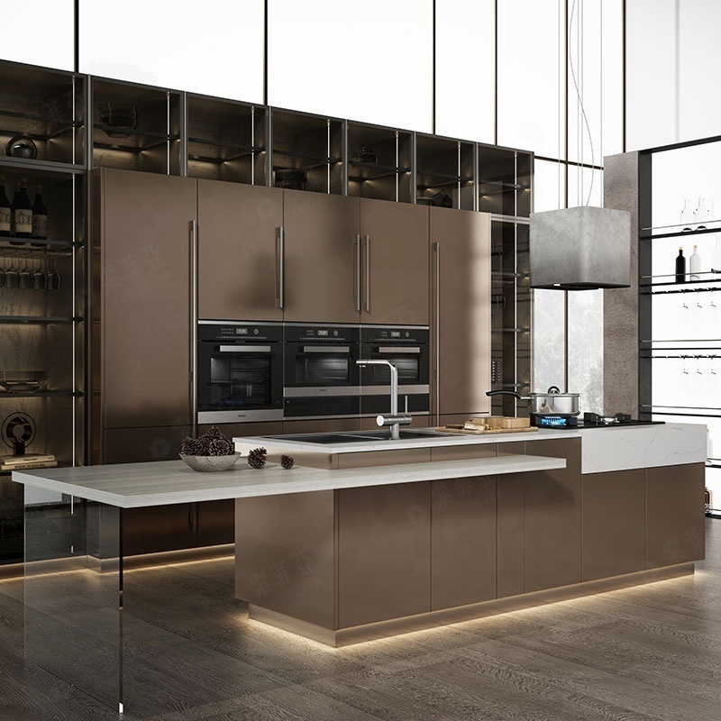 SUOFEIYA Modern Island Kitchen Designs Complete Metal Laminate Glossy Kitchen Cabinets Supplier