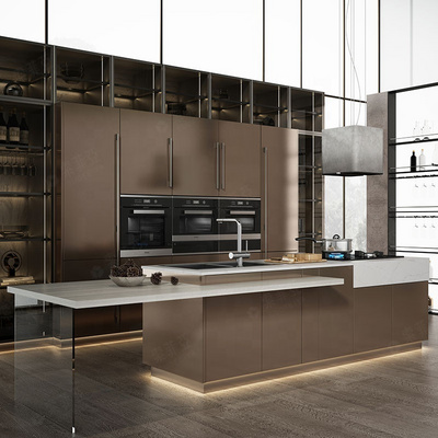 SUOFEIYA Modern Island Kitchen Designs Complete Metal Laminate Glossy Kitchen Cabinets Supplier