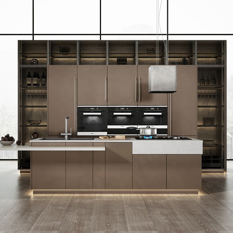 SUOFEIYA Modern Island Kitchen Designs Complete Metal Laminate Glossy Kitchen Cabinets Supplier