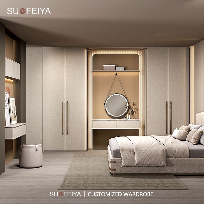 SUOFEIYA Customized Light luxury Design Gold Melamine Walk In Wardrobe Closet Center Island with Glass Door