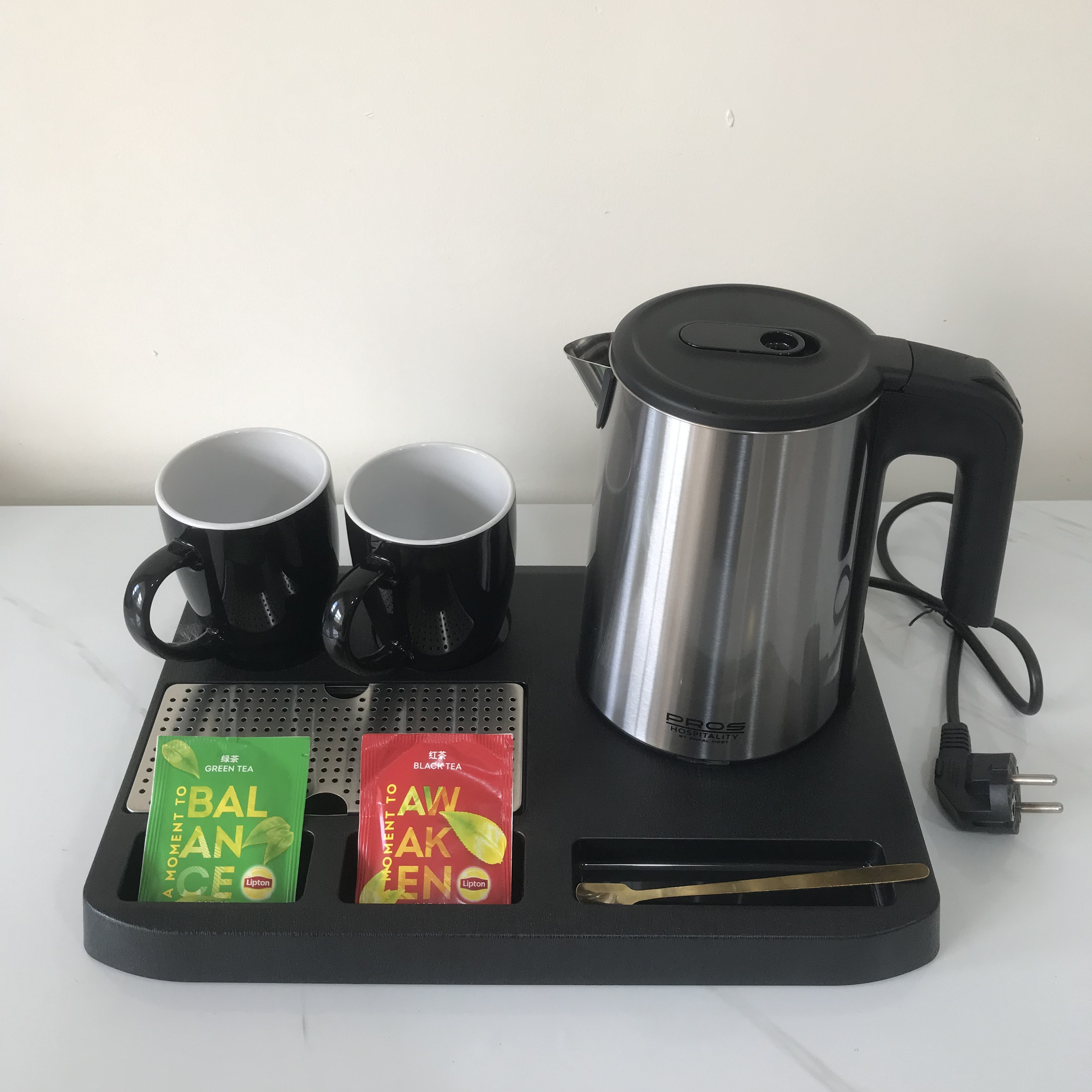 Hotel Kettle Tray Set Electric Stainless Steel Water Boiler With Welcome Tray And Cups For Hotel Guestroom