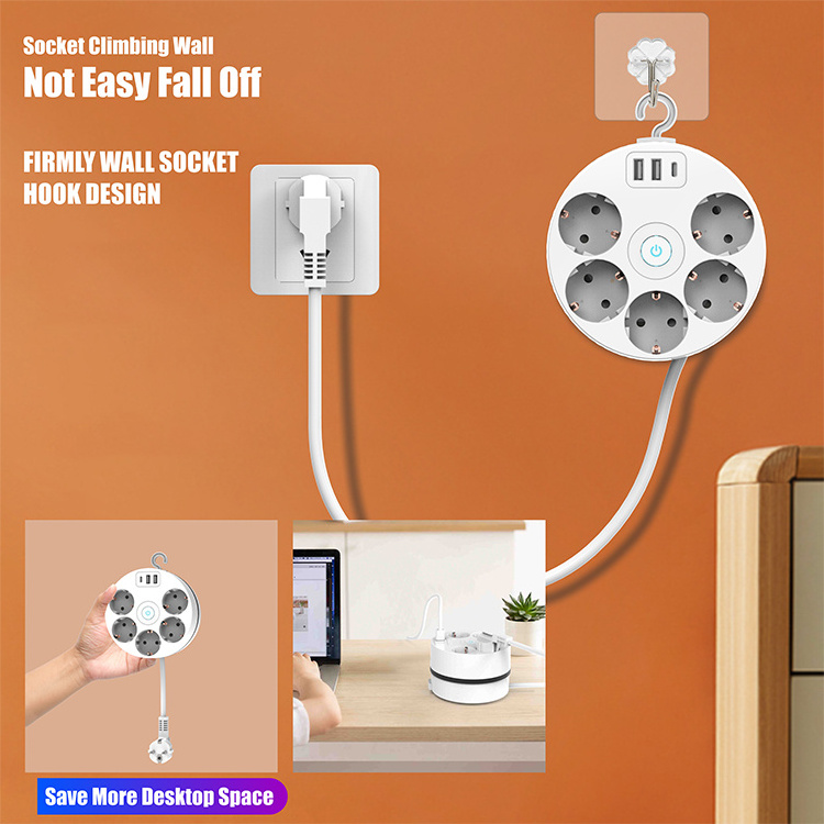 2023 new Round design EU Standard 5 Outlets Wall Hook Cable Reel Retractable Power Strip With Switch