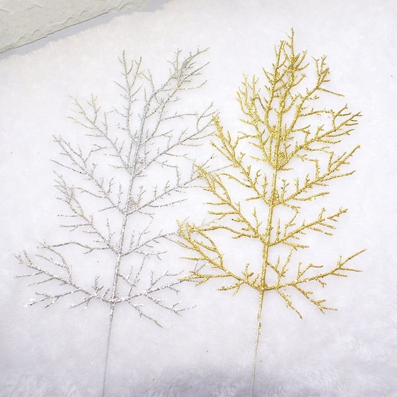 Christmas Gold Leaf Festival Decoration Fake Leaf Simulation Plant Golden Powder Branch Decorative Flowers & Wreaths 80cm CN;SHN