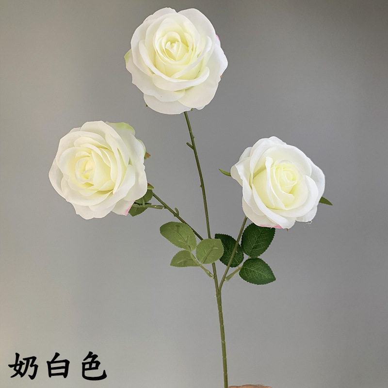 SN-S19032 wrapped rose bouquet artificial white rose wedding decor bouquet silk fake 3 heads Bulgarian roses