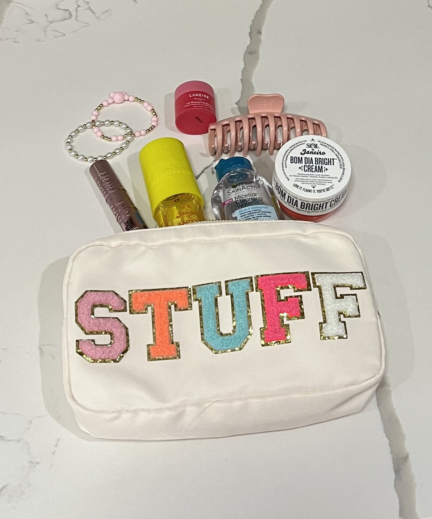 Custom Personalized Waterproof Pvc Candy Nylon Clear Pouch Cosmetic Bag Neon Make Up Bag With Chenille Letter Patches