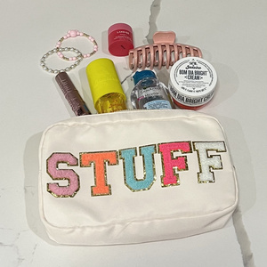 Custom Personalized Waterproof Pvc Candy Nylon Clear Pouch Cosmetic Bag Neon Make Up Bag With Chenille Letter Patches